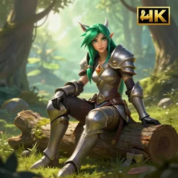 fantasy art anthro soraka league of legends forest log sitting medieval armour bright landscape depth of field hyperrealism coherent body 4 k trending twitter award winning photo still