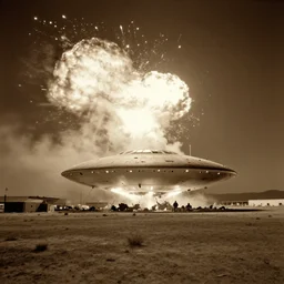 vintage photo of ufo crash in roswell desert on factory, sepia, haze, explosion, night, 4 k, fractal, night