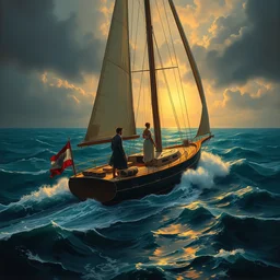 a painting of the yacht sailing through the stormy ocean, sun setting down, an on board, there are two, beautiful, loving people, intricate details, romantic colour scheme, by rembrandt