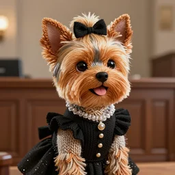 a closeup photorealistic illustration of a smiling knitted yorkshire terrier dressed in a black gown, presiding over the courthouse. this 4 k hd image is trending on artstation, featured on behance, well - rendered, extra crisp, features intricate detail, epic composition and the style of unreal engine.