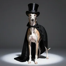 greyhound wearing a black cloak and a top hat under a spotlight