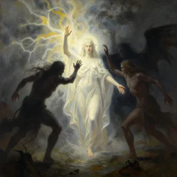there stands a benevolent celestial being in the midst of a horizontal scene. evil and badness attack the celestial being from one side, but from his other side emerges light and life. the celestial being is a conduit. a celestial being protects light from darkness. | painting by craig mullins