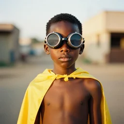 an analogue portrait photo of a shirtless Nigerian boy colourful wearing steam punk goggles and a yellow cape, Golden hour light, 35mm, f/1.4,
