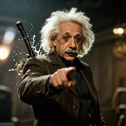 Albert Einstein in Gears of War, splash art, movie still, cinematic lighting, dramatic, octane render, long lens, shallow depth of field, bokeh, anamorphic lens flare, 8k, hyper detailed, 35mm film grain