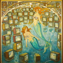 a mermaid swimming up to millions of old crt tv ’ s which are still running, but floating in the water. painting by alphonse mucha and greg rutkowski.