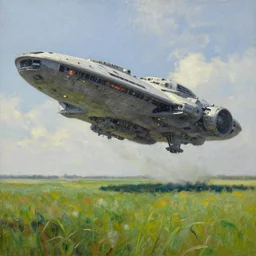an enormous spacecraft landing in a field of grass, oil painting, by greg rutkowski