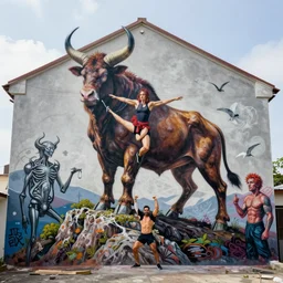 surrealist hyperrealistic graffiti mural of a minotaur fitness instructor on a mountain top, detailed, by rembrandt van rijn, lisa frank, hr giger, beksinski, anato finnstark!!, 8 k resolution, beautiful lighting, studio light, extremely detailed, establishing shot, realistic materials, hyperrealistic