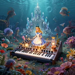 a centered render of intricate modular synthesizer of alice in wonderland, shining its light across a tumultuous sea of flowers, undersea animals and one gothic crystal temple by dorothea tanning and salvador dali, trending on artstation, cyber punk, soft color, unreal engine, high detailed, 8 k