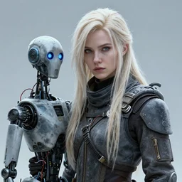 highly detailed portrait of a moody frostpunk long blonde hair lady with droid companion, stray wiring by atey ghailan, james gilleard, by joe fenton, by greg rutkowski, by greg tocchini, by kaethe butcher, 4 k resolution, gradient blue, black and white color scheme!!! ( ( glaciated dystopian city background ) )