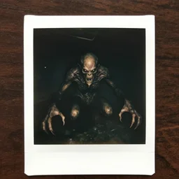 a gigantic, lovecraftian creature lurking in the shadows of a dank, dark basement. scary, grotesque, old photo, polaroid