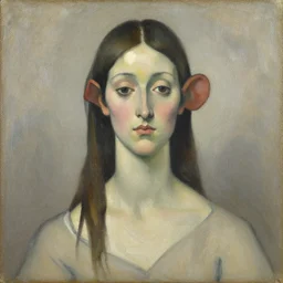 expressive distorted bust portrait of a woman with long neck, big ears and a small head, impasto painting, muted colors, artwork by arnold bocklin