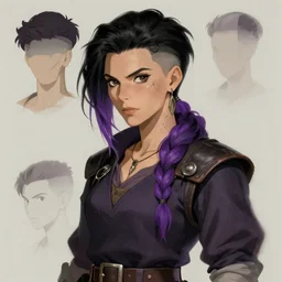 character model sheet of rugged attractive female, undercut black to purple fade hair, sorcerer magic witch, by greg rutkowski and studio ghibli, digital art, trending on artstation, highly detailed, concept art, beautiful, masterpiece