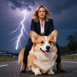 giorgia meloni, she in riding a cute giant corgi, epic shot, cinematic lightning, 4 k
