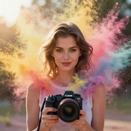 portrait photography of a beautiful woman surrounded by colored powder explosions byanka zhuravleva and ary scheffer. marco mazzoni. vogue. kodak portra. ( depth of field ). bokeh!. golden hour. detailed. hq. realistic. vibrant. lens flare. canon eos r 3, 8 k, raw, symmetrical balance, in - frame