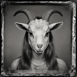 tintype of a girl with a goat mask