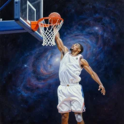 cosmic basketball player dunking a basketball hoop in a nebula, an oil painting, by ( leonardo da vinci ) and greg rutkowski and rafal olbinski ross tran award - winning magazine cover