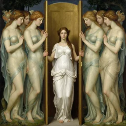 the goddess of holding the door for someone too far away surrounded by a court of nymphs, by tom bagshaw peter kemp, beautiful highly symmetric faces