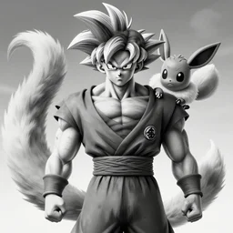 grayscale high resolution matte painting of anthro goku in drag with mew tail and eevee ears at world tournament dragonball pokemon