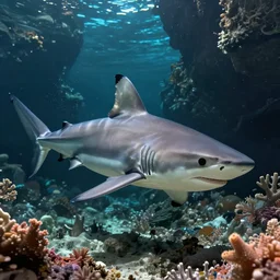 realistic shark, underwater coral cavern, d & d, digital painting, artstation, sharp focus, 8 k, movie lighting, masterpiece, artgerm, greg rutkowski