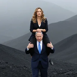 Benjamin Netanyahu carrying Sara Netanyahu on his shoulders up a black mountain, extreme wide shot, by Jan Cossiers