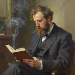 fictional character of a gentle bearded man smoking and reading a book concept artwork by feng zhu, alena aenami, oil painting