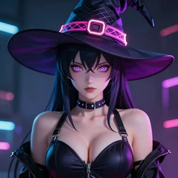 cyberwitch super buxom anime girl wearing neon mesh witch hat. cyber sphere symmetrical face. symmetrical detailed defined eyes. beautiful lineart. bokeh pixiv # 1 ranking depth focus, chromatic aberration, noise, soft lighting, srgb, 4 k, cinematic rembrant kuvshinov ross tran craig mullins leyendecker wlop guweiz