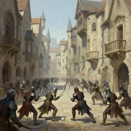 an exciting fantasy street battle within a fascinating old city, soldiers fighting, narrow streets, old buildings, by Sylvain Sarrailh,  cinematic, simple but effective composition, clean lines, beautiful digital painting, oil painting, detailed,  dungeons and dragons, lord of the rings