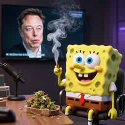 a cinematic still of SpongeBob smoking weed with Elon musk on a podcast, smoke, octane render, nvidia raytracing demo