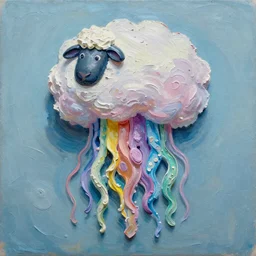3d high relief painting of sea like jelly, Rainbow sheep like cotton candy, painterly, thick heavy impasto,dreamy, soft , highly detailed,  expressive impressionist style, painted with a palette knife, in the style of Yuri Anatolyevich Obukhovskiy
