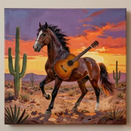 a bad black velvet thrift store painting of a large broken horse playing guitar in an Arizona sunset desert with saguaro cactus