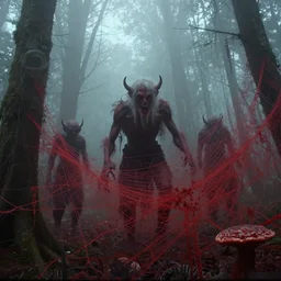elder demons from the abyss in a misty forest, red webs and fungus, trail camera footage