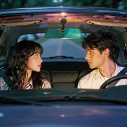 first official image from new romance film, two people inside a car looking at each other, lush colors, kodak vision 2 0 0 t, anamorphic lens, halation, diffusion, framing, symmetrical, film grain, high contrast, midnight