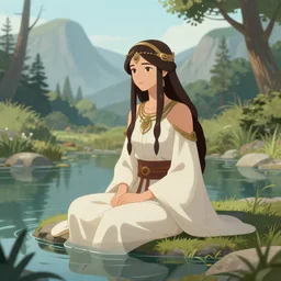 inka harpy girl, harpy, priestess, wearing clothes, sitting at a pond, mountainous area, trees in the background, digital art