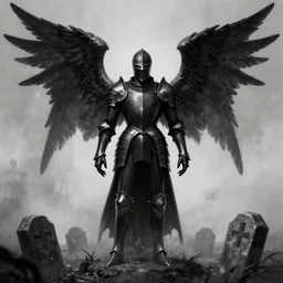 the black knight rising from his grave, symmetric armor, wings, undead, highly detailed, smooth, sharp focus, dark fantasy, greyscale, digital illustration, by artgerm, greg rutkowski, alphonse mucha