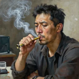 a hyper-detailed portrait of a man smoking a blunt after a hard day at work, this painting is very emotional, expressive