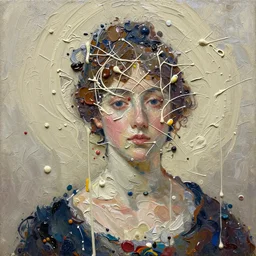 palette knife splatter painting of a close up of a three - dimensional thick impasto oil painting of a fine lady, seen through complex globular texture, lots of thick encrusted paint, vast amounts of wax - like lines of dripping oil paint cover nearly everything, painted by gainsborough, background thick encrusted paint