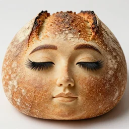 a loaf of bread with a beautiful human face with long eyelashes