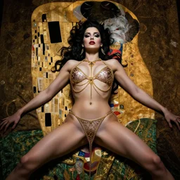 concept art, Sunny Leone wearing a see through chain main bikini , laying on the bed spreading her legs wide open, as a demon woman, beautiful, frank frazetta, ornate, art nouveau, symmetrical, gold jewelry, high contrast, unbiased render, Emil melmoth, eerie, haunting, victorian, 8k, octane render, style of Gustav Klimt, head and shoulders