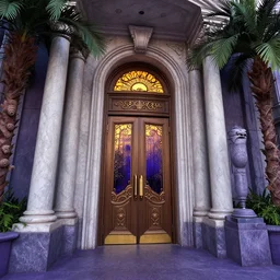 curled perspective digital art of medium plane casino door with marble columns and palmtrees by anton fadeev from nightmare before christmas