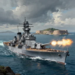 a wwii battleship USS iowa firing its main guns at an island fortress in the style of thomas cole coastal landscape. dramatic concept art, 4k, octane render. Realistic