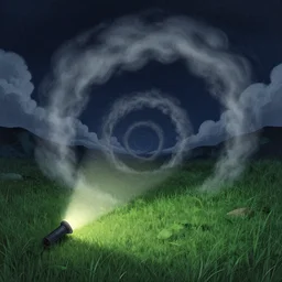 nightly, spiral, naive nerikomi, weird perspective, extra narrow, detailed illustration, lit by flashlight, scenic spiral environment by rhads, trending artstation, fisheye, grass field night mountainous terrain, spiral smoky clouds