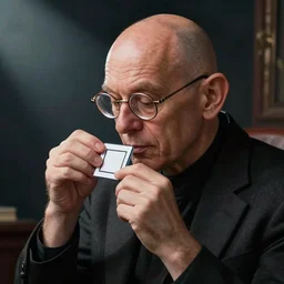 photo of bald man with big ears and glasses ticking boxes, dramatic light