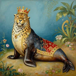 the royal king's leopard seal by greg hildebrant lisa frank fancy rococo baroque regal aquatic painting high quality award winning clothed in fancy garb