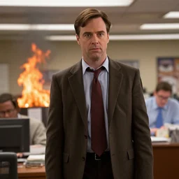 dwight k schrute as the terminator, with dunder mifflin office in background and on fire. photo realistic, high detail