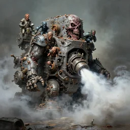 airbrushed filthy block machine spewing chem fog by jack kirby, kelly freas, peter mohrbacher, donato giancola, geof darrow, alex ross, philippe druillet, fine art masterpiece baked at 3 0 0 f, matte painting, cold lighting, aged with sunlight, award winning horror, photorealistic render, cinematic
