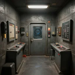 A beautiful artwork illustration, detailed, level design, third person, an escape room in a small, cramped, futuristic room, realistic, featured on Flickr, wide angle, horizontal orientation, very coherent, cinematic, hyper realism, high detail, octane render, 8k