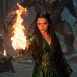 epic photo of young jessica biel as beautiful wizard wearing a green satin robe and metal belt in lord of the rings with long straight black hair, casting a fire spell, in battle with a gigantic monster on a cliff, sweaty, detailed eyes, neutral expression, shallow depth of field, photorealistic, cinematic lighting, lovely bokeh, dungeon setting, dark moody light, strong rim light, movie quality, fire light, flames, inferno, lord of the rings 1 9 8 5, movie still