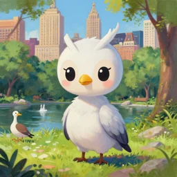 a cute chibi harpy standing in anime scenery central park new york. trending on pixiv. trending on artstation. a vibrant digital oil painting. a highly detailed drawing of a character portrait by terese nielsen and edvard picasso guay
