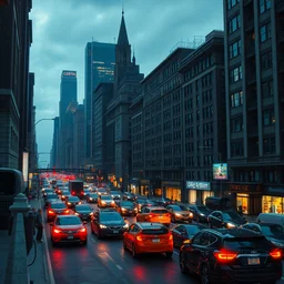 beautiful matte painting of traffic jam on the streets of neo new york in evening by greg rutkowski, 4 k, extreme details, photorealism