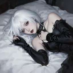 a woman with white hair and black gloves laying on a bed, a photorealistic painting by jin homura, tumblr, transgressive art, photo, anime, goth